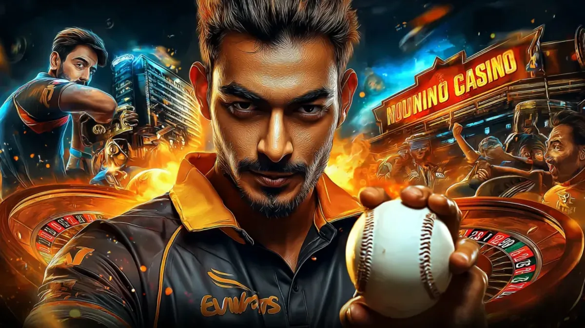 একটি তীব্র মনোভাবাপন্ন ক্রিকেট খেলোয়াড় একটি ক্রিকেট বল ধরে রয়েছেন, যা একটি সমন্বিত ছবিতে স্পোর্টস স্টেডিয়ামকে bdbje গেমিং প্ল্যাটফর্মের উজ্জ্বল নিয়ন-আলোকিত পরিবেশের সাথে মেশায়।