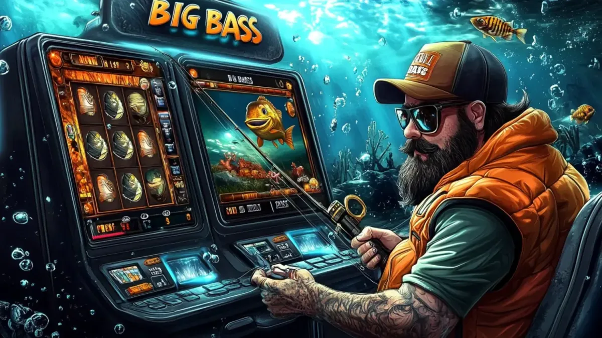 চশমা পরা দাড়িওয়ালা জেলে bdbje-এ Big Bass গেমটি খেলছেন। মেশিনের স্ক্রিনে জল-নীচের পরিবেশে গেমটির মাছ ধরার থিম দেখা যাচ্ছে।