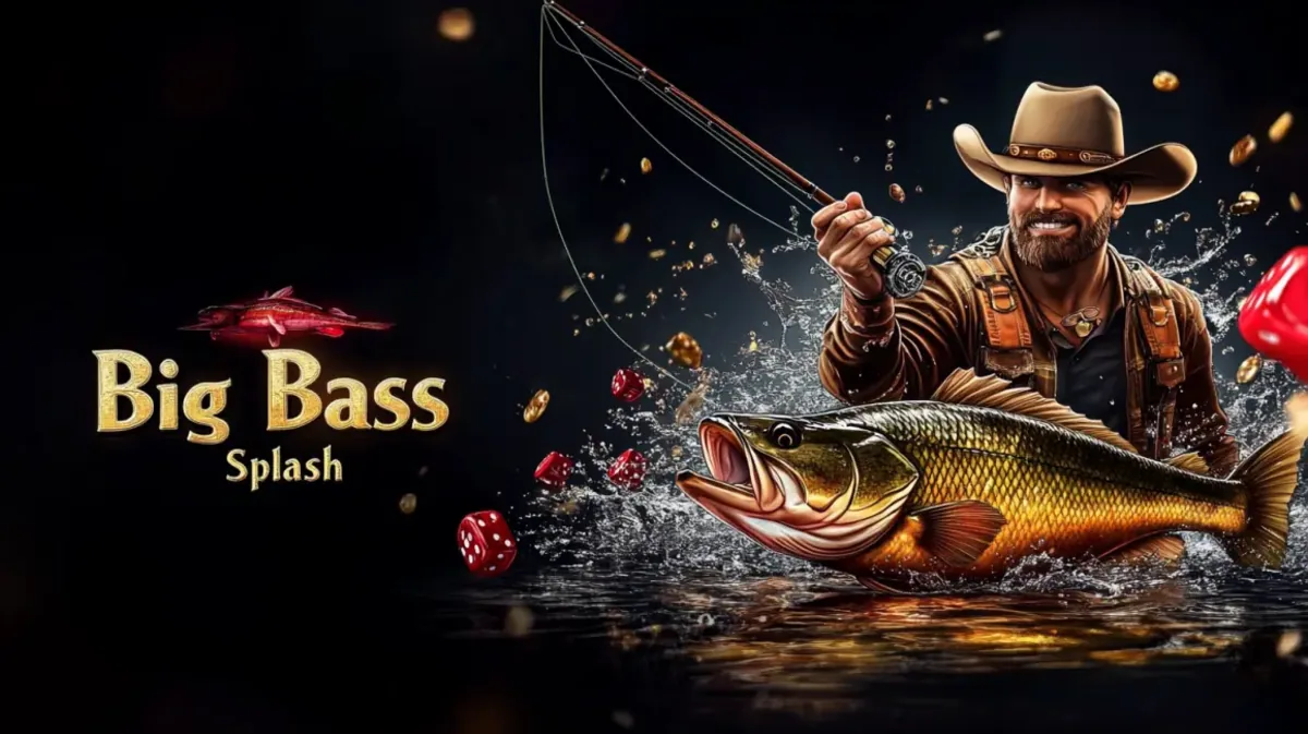 এই Big Bass Splash গেমটির প্রচারণায় কাউবয় হ্যাট পরা একজন খুশি জেলে বড় একটি bass মাছ ধরেছেন, এটি এখন bdbje-এ খেলার জন্য উপলব্ধ।
