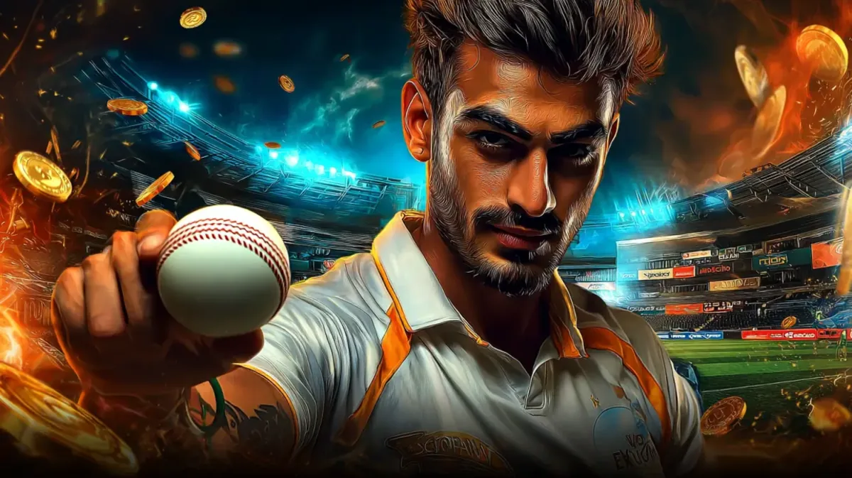 একজন মনোযোগী ও তীব্র-উত্তেজিত পুরুষ ক্রিকেটার ভীড়ভরা স্টেডিয়ামে একটি ক্রিকেট বল উঁচু করে ধরেছেন; bdbje-র ক্রিকেট গেমিং জগতের উত্তেজনা প্রচার করছেন। স্বর্ণালী কয়েন ও আগুন-প্রভাব নাটকীয়তা বাড়িয়ে তোলে।